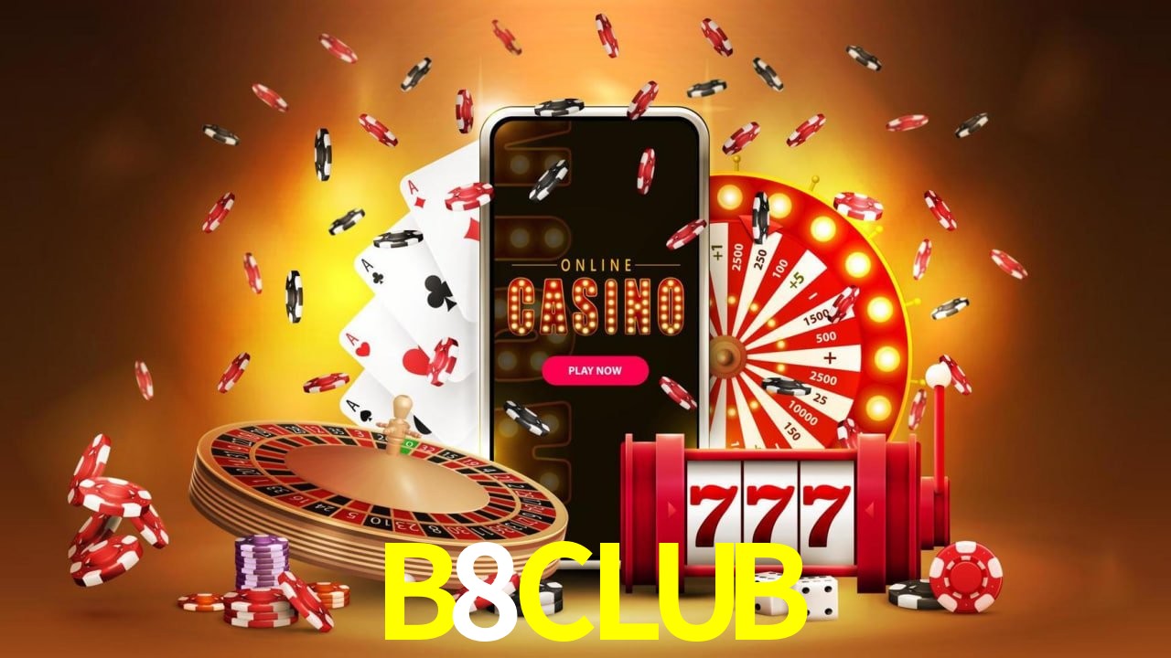 Una escena digital vívida inspirada en casino con B8CLUB mostrado prominentemente, luces brillantes, fichas, cartas y acentos dorados.
