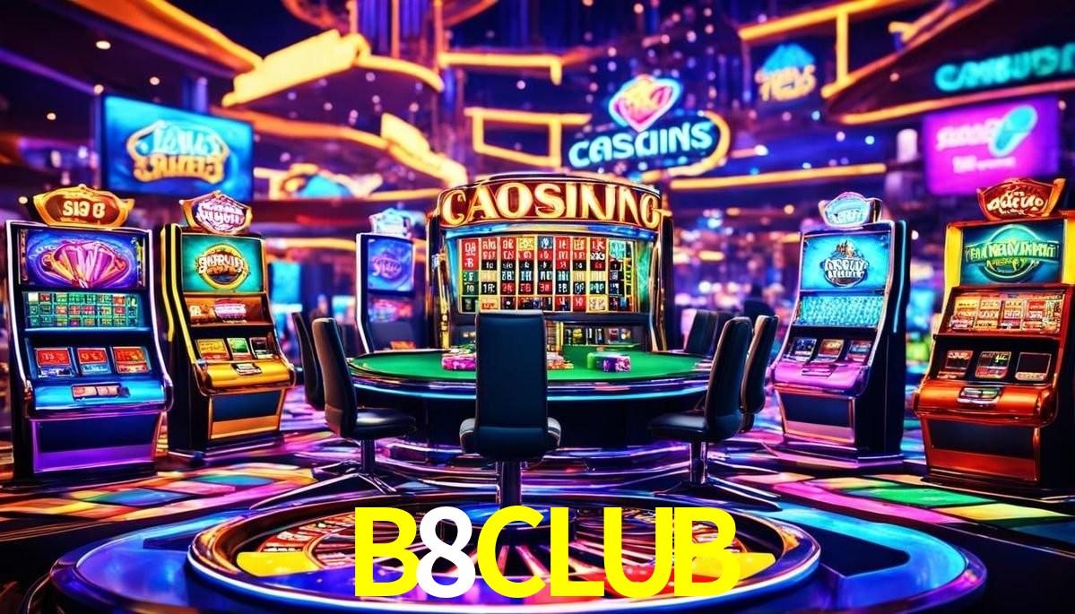 Escena dinámica inspirada en casino con iluminación B8CLUB, cartas, fichas e íconos de juegos digitales en un espacio moderno de juegos.