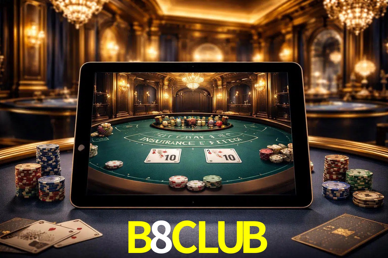 Configuración moderna de casino en vivo con una tableta mostrando una mesa de blackjack, luces cálidas de estudio y una atmósfera elegante de juegos digitales.