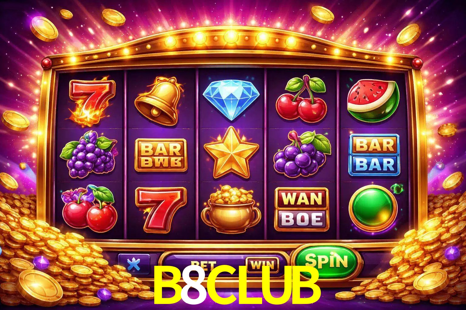 Una interfaz colorida de tragamonedas en línea con símbolos brillantes, monedas y un efecto de victoria celebratoria en B8CLUB.