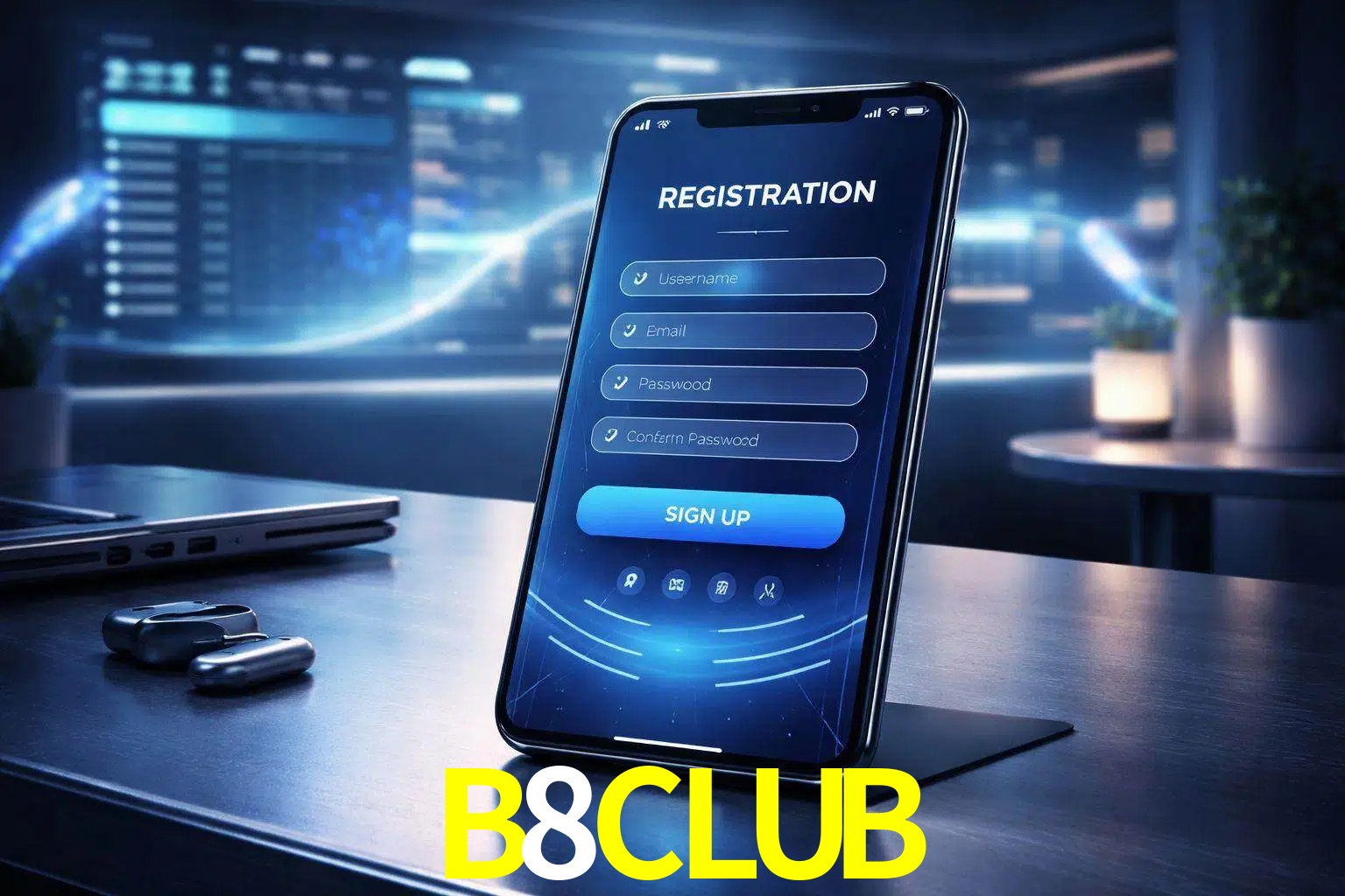 Una interfaz moderna de registro móvil para B8CLUB mostrada en un smartphone con un panel de apuestas elegante.